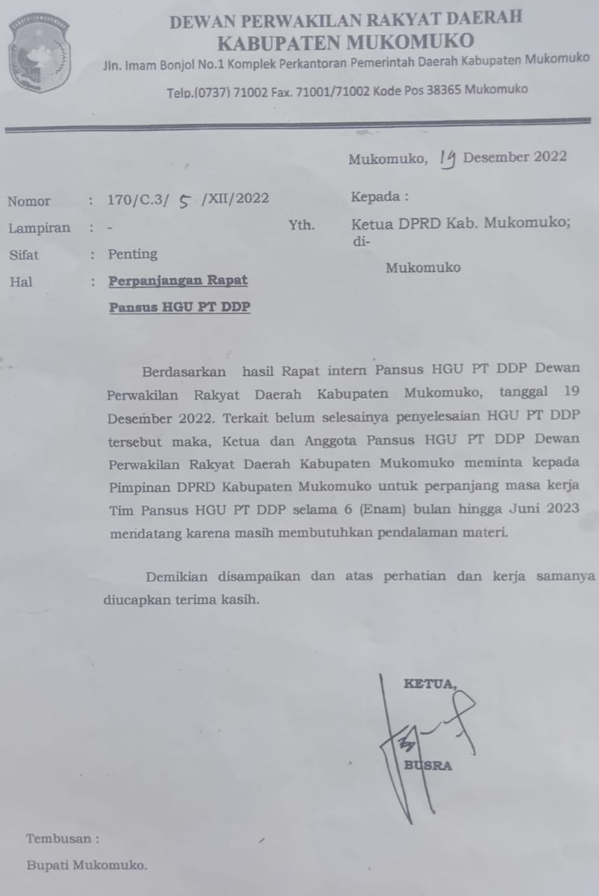 Surat perpanjangan masa kerja Pansus DPRD Kabupaten Mukomuko, Bengkulu, hingga Juni 2023. Foto : Edi Supri